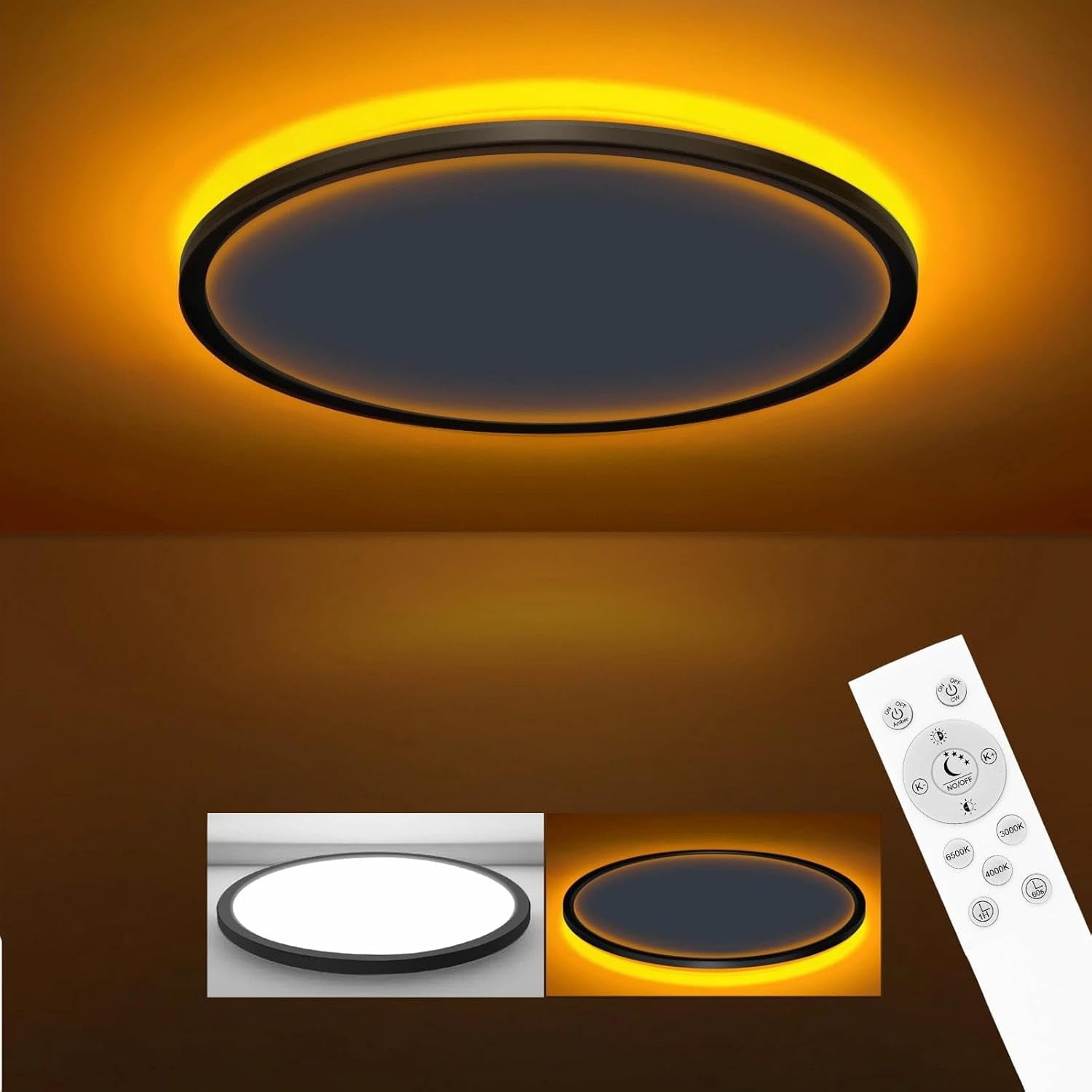 RGHJAR-7 Inch LED Ceiling Light with Night Light 1800K, 3000K/4000K/6500K Dimmable Light Fixtures with Remote Control,12W 1200lm Flush Mount Ceiling Lamp for Bedroom LivingRoom Bathroom Kitchen-Black