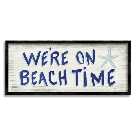 Stupell Industries On Beach Time Phrase Nature Painting Black Framed Art Print Wall Art, 24 x 10