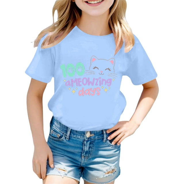Rhuody Hauts de Printemps pour Fille T-Shirt à Manches Courtes T-Shirt à Imprimés de Lettres Coupe Ample Rentrée des Classes Col Ras du Cou Haut Tenue Classique Bleu Pâle 1-2 Ans