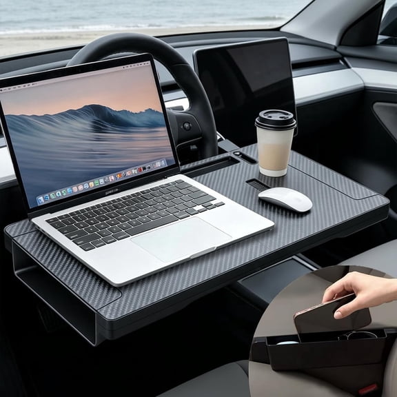 3 in 1 Car Steering Wheel Desk Tray & Car Seat Gap Filler & Organizer, Foldable Carbon Fiber Look Adjustable Car Tray, for Laptops, Eating Food, Writing, Entertainment