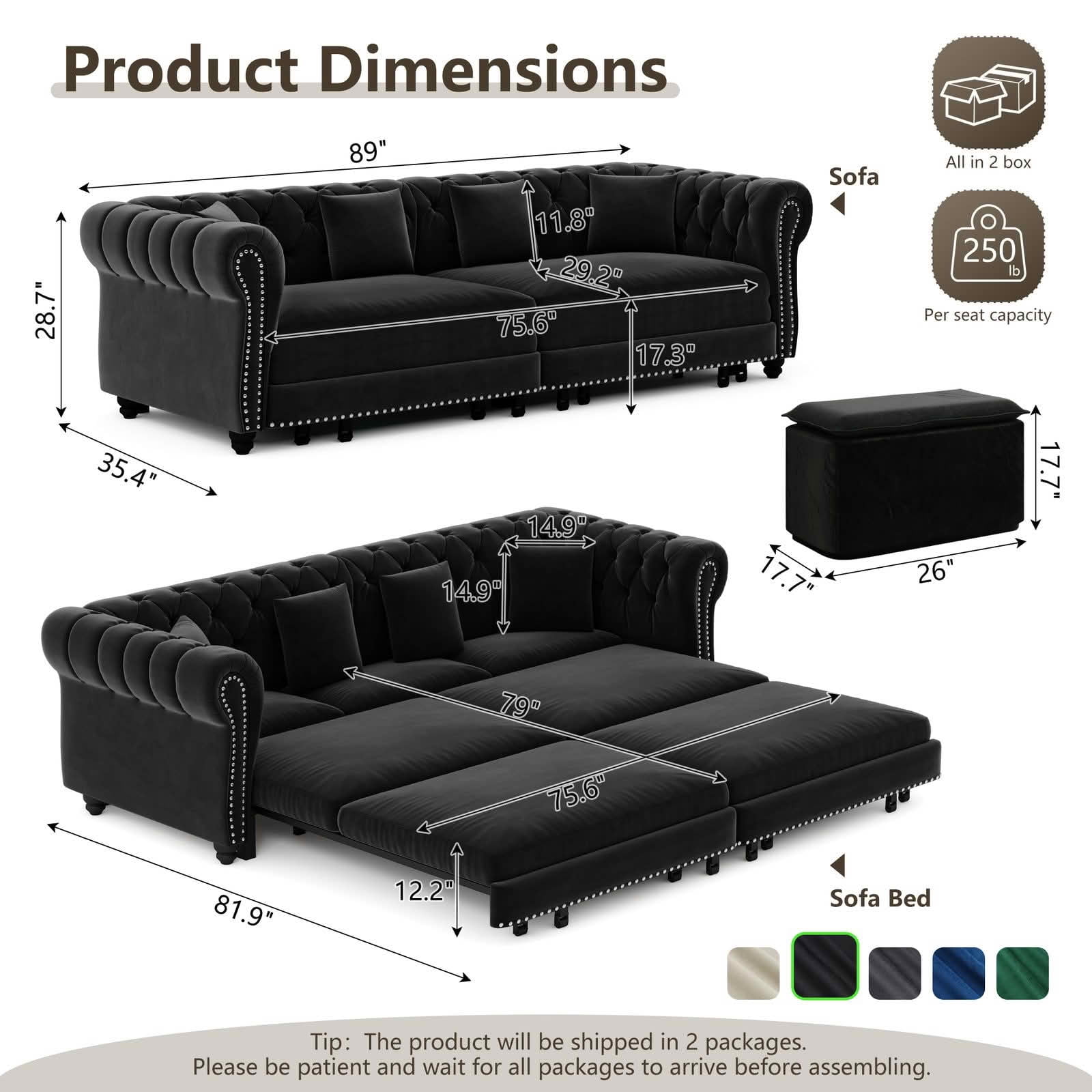 MAYEERTY 89" Chesterfield 3‑in‑1 Pull‑Out Sofa Bed, Tufted Velvet 3‑Seater Couch with Movable Ottoman, King Size Sleeper Chaise Lounge, 4 Pillows Included