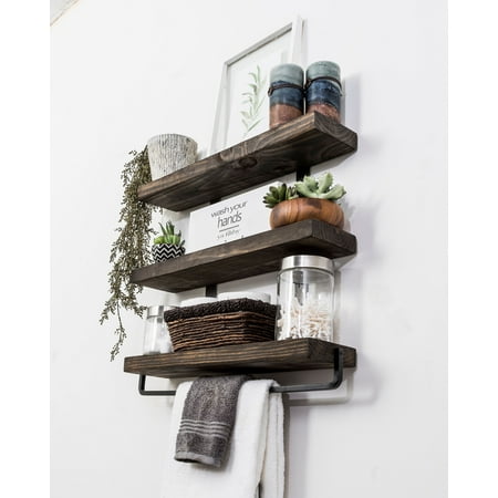 Industrial 3-Tier Floating Shelf with Towel Bar, (Best Way To Hang Floating Shelves)