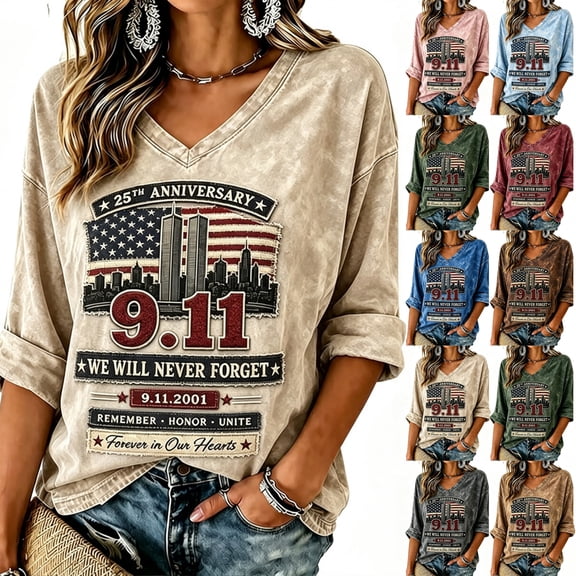 xunjiayanmaoyi Women's 9/11 Memorial T-Shirt 25th Anniversary Loose V-Neck 3/4 Sleeve Acid Wash Tee Soft Fabric S-5XL 9 Colors 1 Pc for Everyday/Patriotic Wear