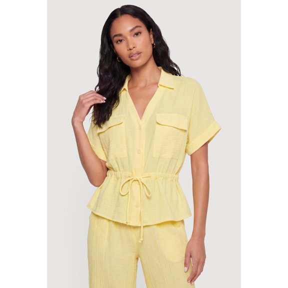 Women's Collared Drawstring Waist Button Front Shirt
