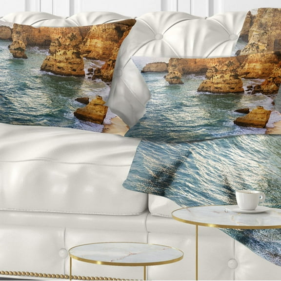 Designart Golden Rocks and Beach at Algarve - Seashore Throw Pillow - 12x20