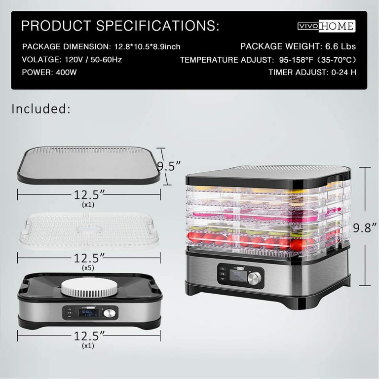  VIVOHOME Electric 400W 8 Trays Food Dehydrator Machine with 48H  Timer and Temperature Control 95-176℉, BPA Free, Fine-meshed Plastic Sheet  and Silicone Trivet Tong Included: Home & Kitchen
