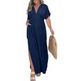 thumbnail image 1 of Fashnice Robe Longue Femme Col en V Été Plage Robe Manches Courtes Maxi Robes Aguichant Voyage Bleu Marine m, 1 of 2
