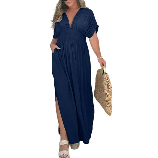 Fashnice Robe Longue Femme Col en V Été Plage Robe Manches Courtes Maxi Robes Aguichant Voyage Bleu Marine m