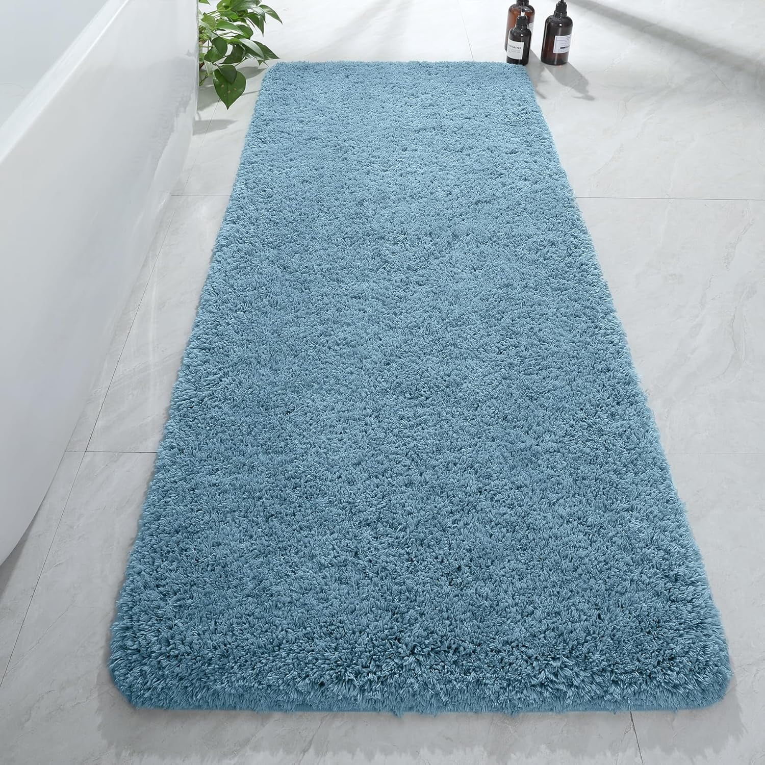 Luxury Long Bathroom Runner Rug, 24x72 Inch Thick Soft and Absorbent Non Slip Bath Mat, Rubber Backing Quick Dry Rugs Carpets, Machine Washable Plush Mats for Shower Floor, Blue