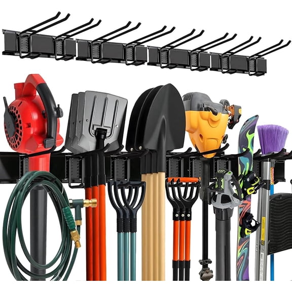Garage Wall Organizer | 48" Heavy-Duty Tool Storage Rack | Adjustable Double-Layer Hooks | 300 lbs Capacity | Carbon Steel Wall Mount Holder for Shovels, Rakes, Ladders & Power Tools