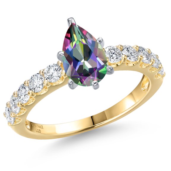 Gem Stone King 14K Two Tone Gold Green Mystic Topaz and Lab Grown Diamond Engagement Ring for Women | 2.25 Cttw | Pear Shape 9X6MM | Gemstone November Birthstone | Size 8