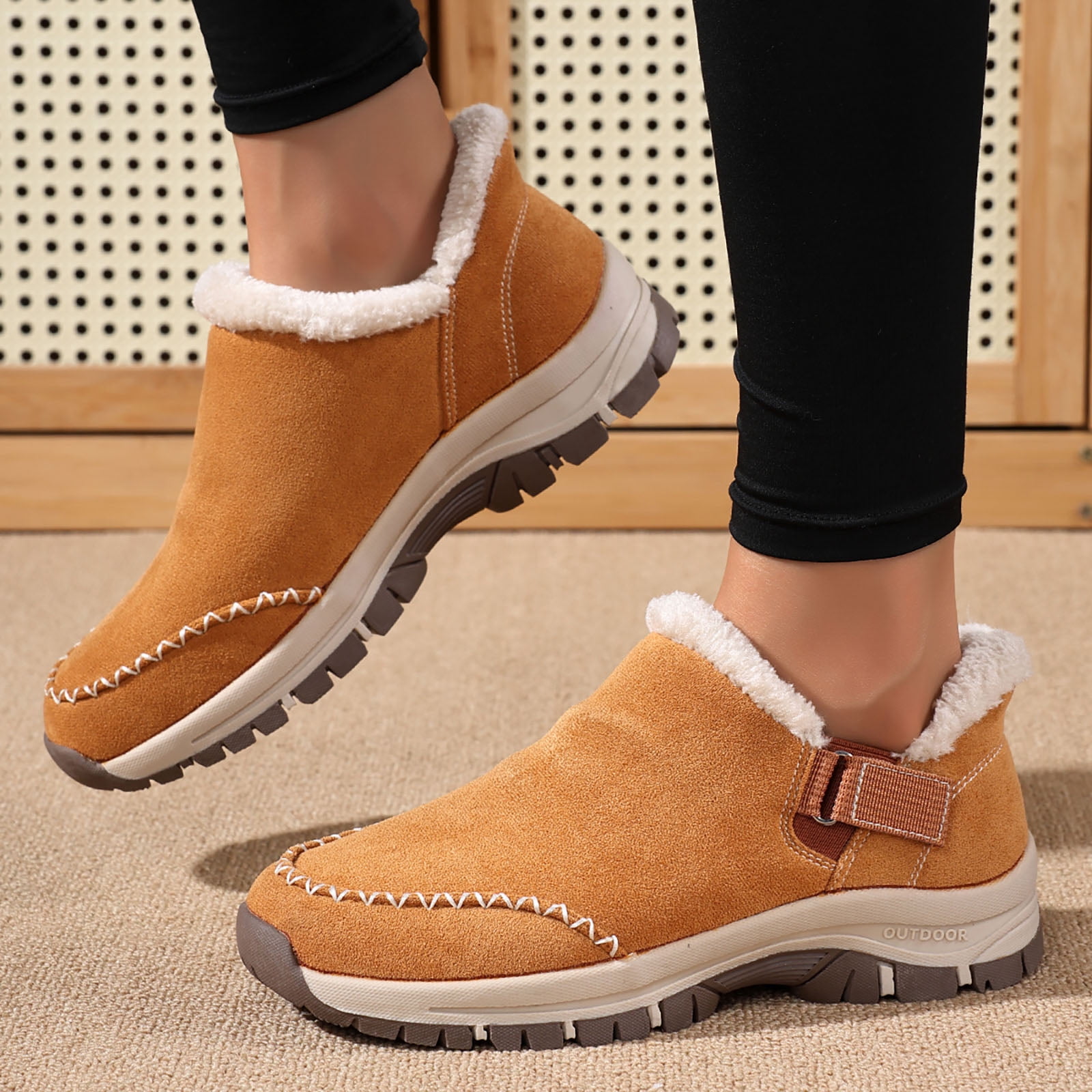 Dakaela Womens Winter Snow Boots Fleece Lined Hiking Slip on Loafers Sneakers Outdoor Plush Short Booties Shoes Brown 6.5