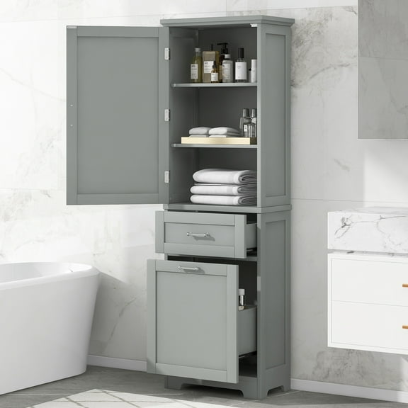 EUROCO 68.1'' Tall Bathroom Storage Cabinet, MDF Board Floor Storage Cabinet with 1 Door, 2 Different Size Drawers and Adjustable Shelf, Freestanding Cabinet with Painted Finish for Bathroom, Grey