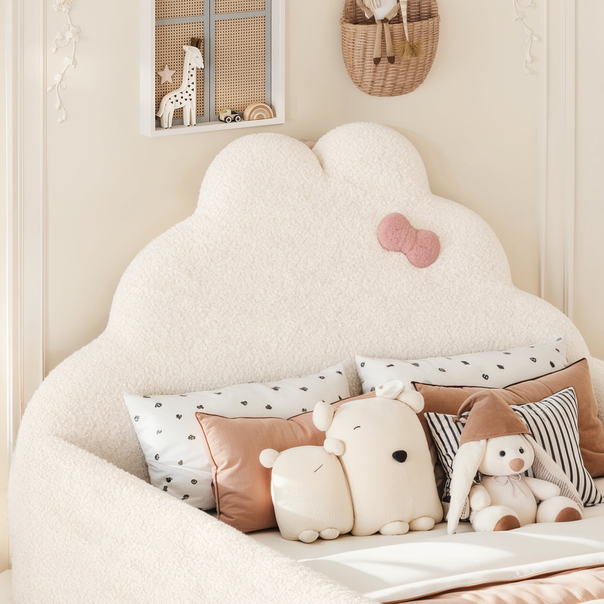 HOQBN Full Size Upholstered Floor Bed Frame, Soft Padded Upholstered Kids Bed, Safe Children Bed Frame with Side Storage Pocket for Bedroom Beige