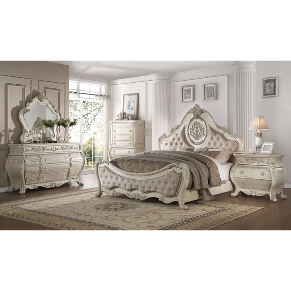 Luxury Vintage White Finish PU Tufted Queen Size 4pc Bedroom Home Furniture Set