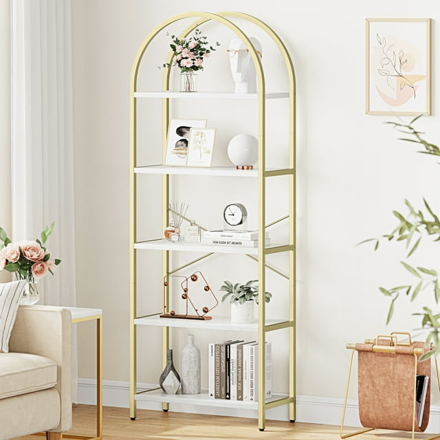 Ourlova EastVita 5 Tier Bookshelf, Industrial Gold Bookcase with Metal Frame, Bookcase for Office Organization and Storage, Modern Storage Rack Shelf for Home