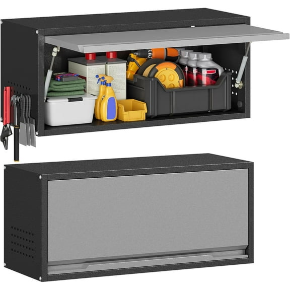Garage Wall Cabinet with Door,Metal Wall Cabinets with Pegboard,Black Floating Tool Cabenit for Wall,Wall Storage Cabinet for Kitchen,Garage,Warehouse (13.8“H,Black&Gray)