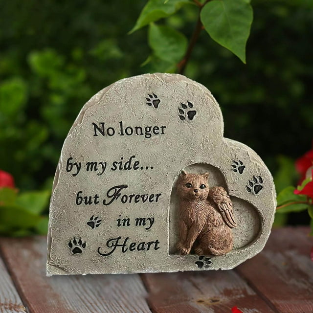 Lápida de piedra conmemorativa de gato, tumba de marcador de gato con huella de pata de final, estatua de gato con ángel para porche al aire