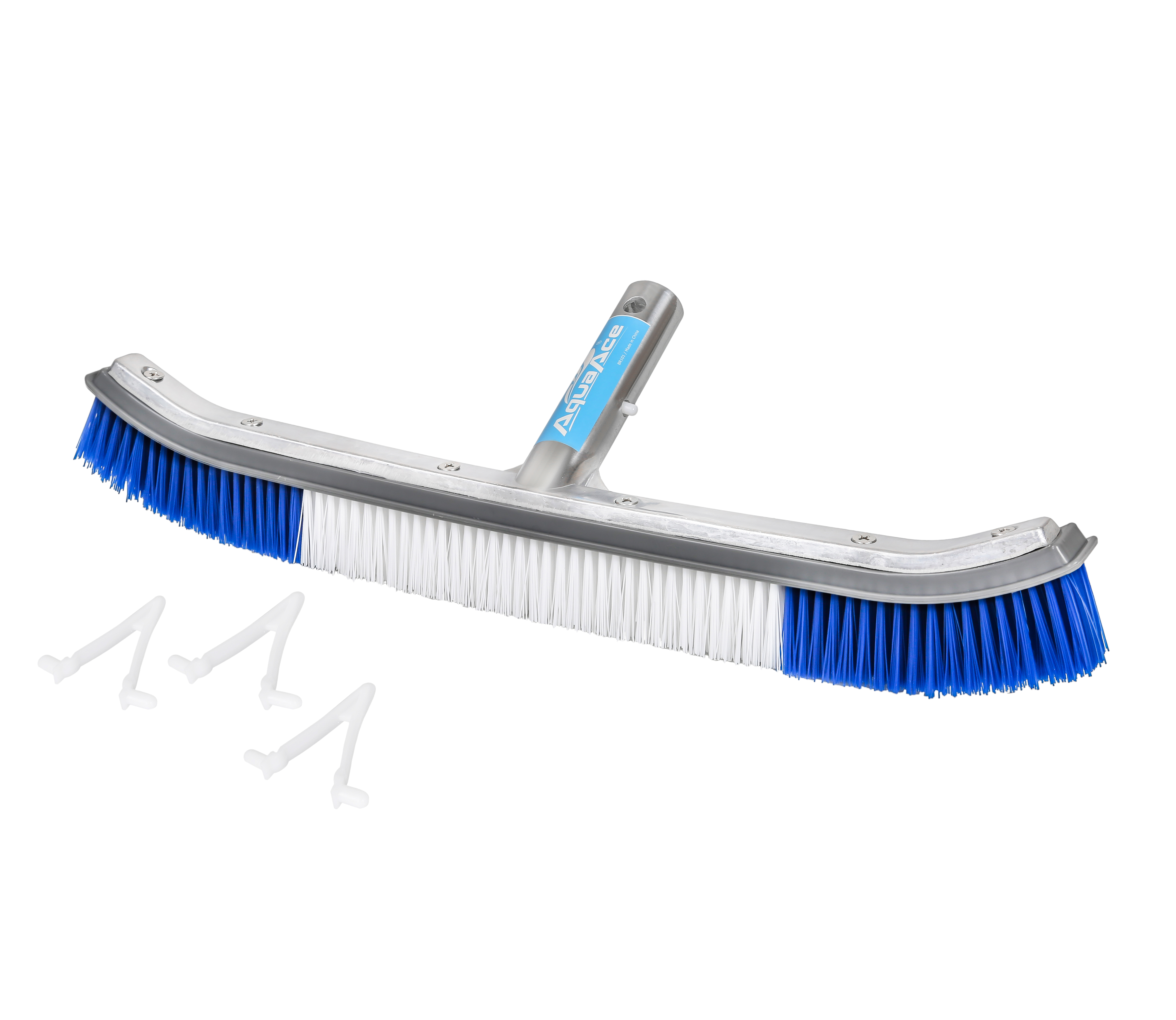 AquaAce Nylon Bristle Pool Brush, Includes Three Extra V Clips, Blue