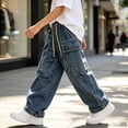 thumbnail image 5 of Agkizg Boys Washed Cargo Jeans Wide Leg Distressed Vintage Pants with Waist Multi-Pockets Streetwear, Sizes 7-8 Years, 5 of 5