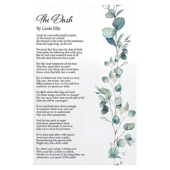 Inspirational Poetry Wall Art The Dash Poem Poster with Linda Ellis Quote Motivational Decor for Home Office and Gift Giving