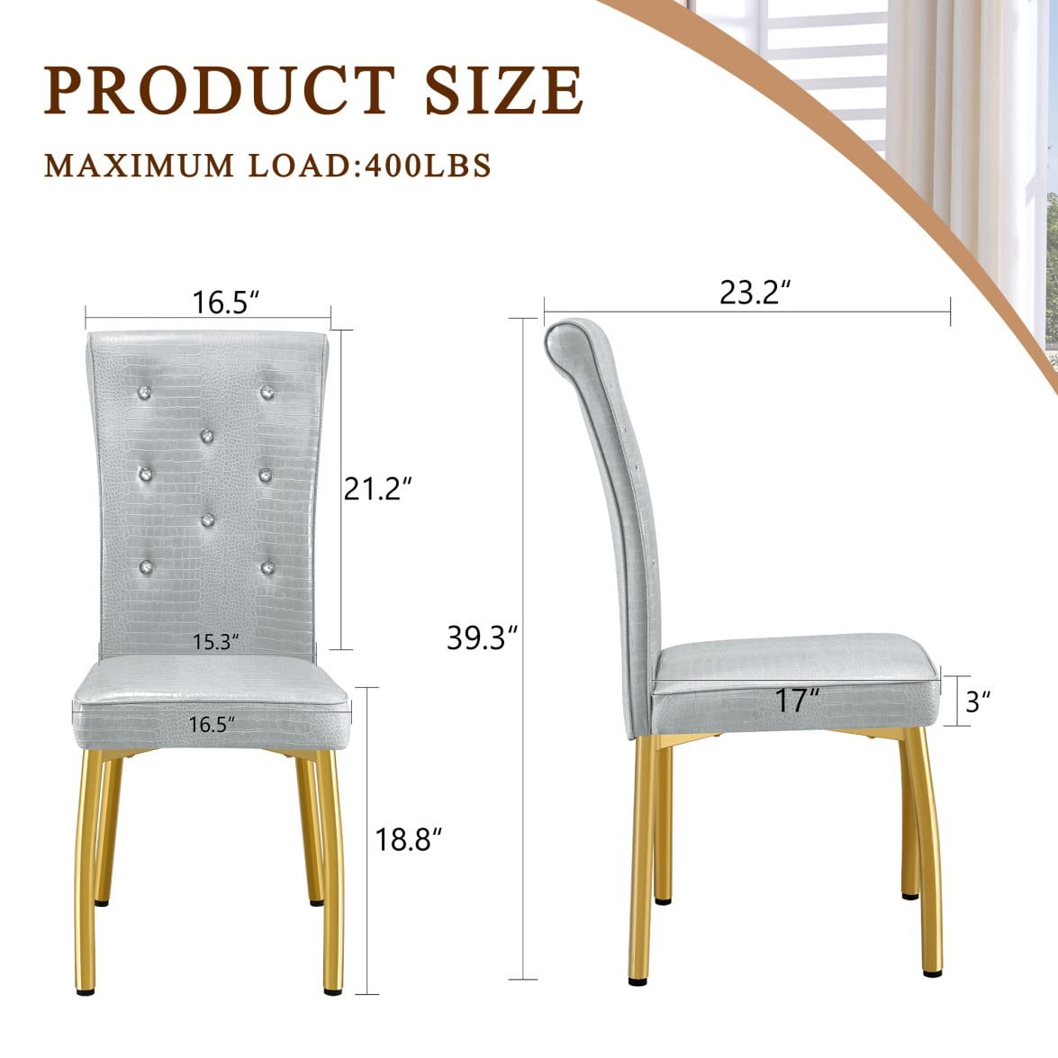Set of 4 Vintage Dining Chairs, Gray Faux Alligator-Textured PVC Leather Upholstered Chairs with Crystal Button Details & Gold Metal Legs, 400 LBS, Gray & Gold