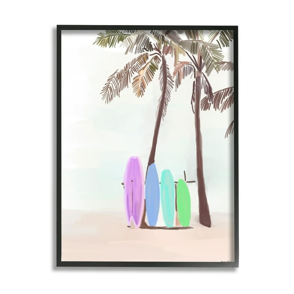 Stupell Industries Surfboards on Palm Trees Sports Painting Black Framed Art Print Wall Art, 11 x 14