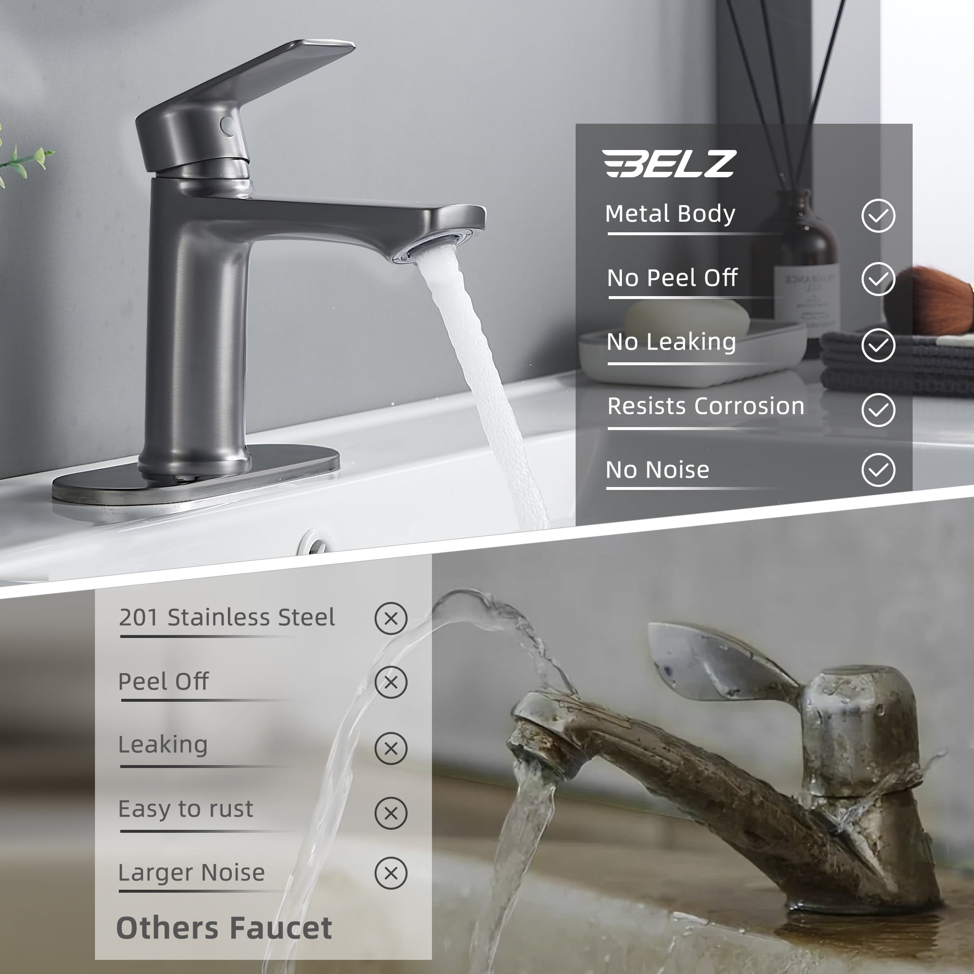 BELZ Gunmetal Waterfall Bathroom Sink Faucet, Single Handle Lavatory Faucet for 1 or 3 Hole Vanity with Deck Plate and Pop-Up Drain