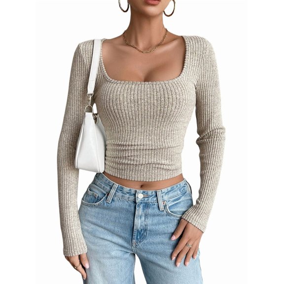 Women Long Sleeve Shirts Square Neck Tops Basic Teen Girls Crop Tops Fall Outfits Fashion Clothes Color XL