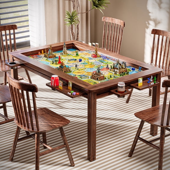 LAUSAINT HOME Board Game & Card Table for 6 Players with Removable Table Top, Cup Holders and Trays, Walnut  Rectangle