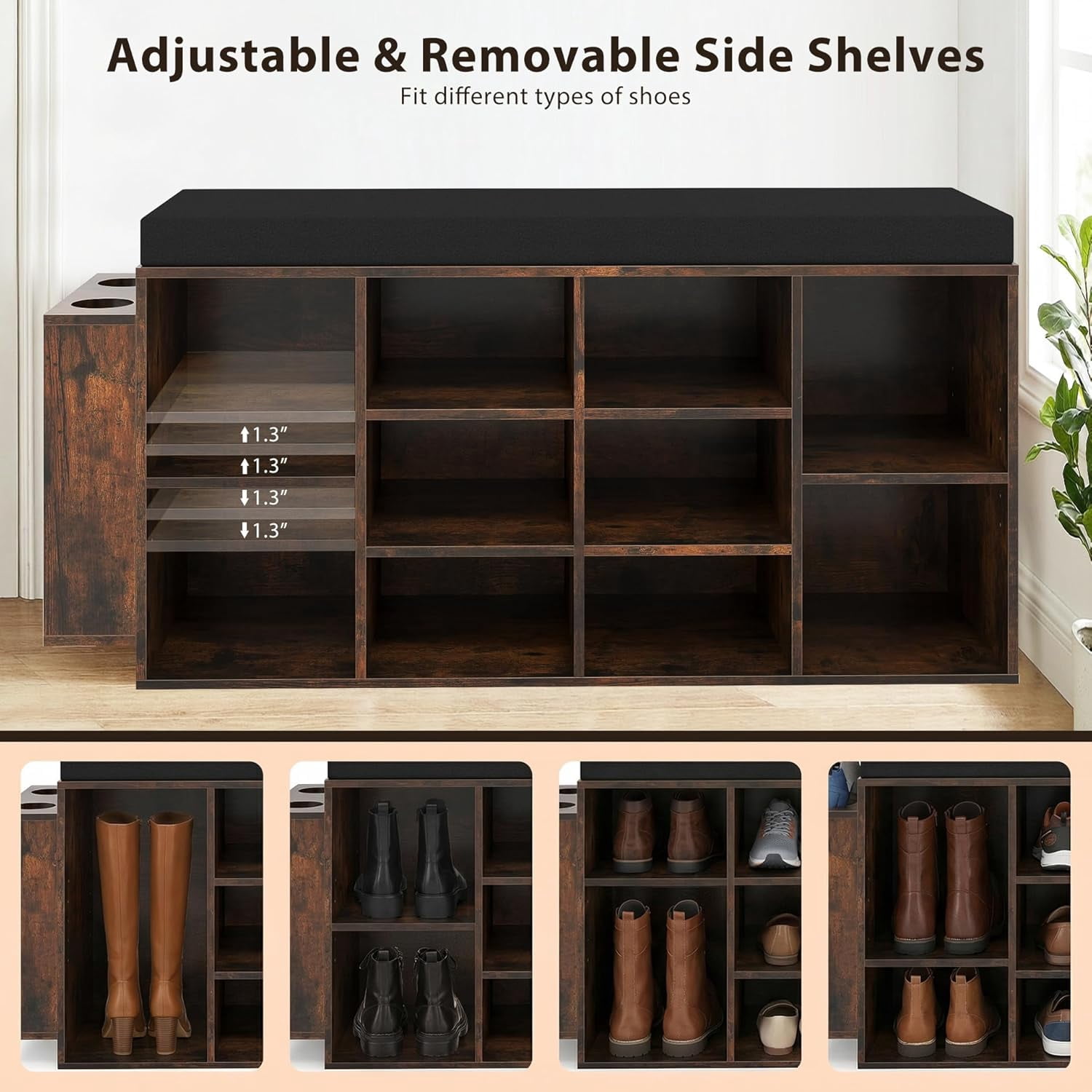 Shoe Storage Bench with Umbrella Holder, 40" Shoe Organizer with Cushioned Seat, 10 Cubbies & Adjustable Shelves, Wooden Industrial Shoe Rack for Entryway, Living Room, Bedroom