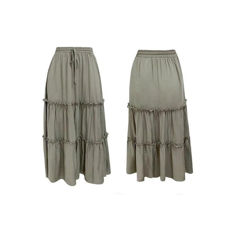 Women Cotton Linen Elastic Waist A Line Maxi Skirt Boho Tiered