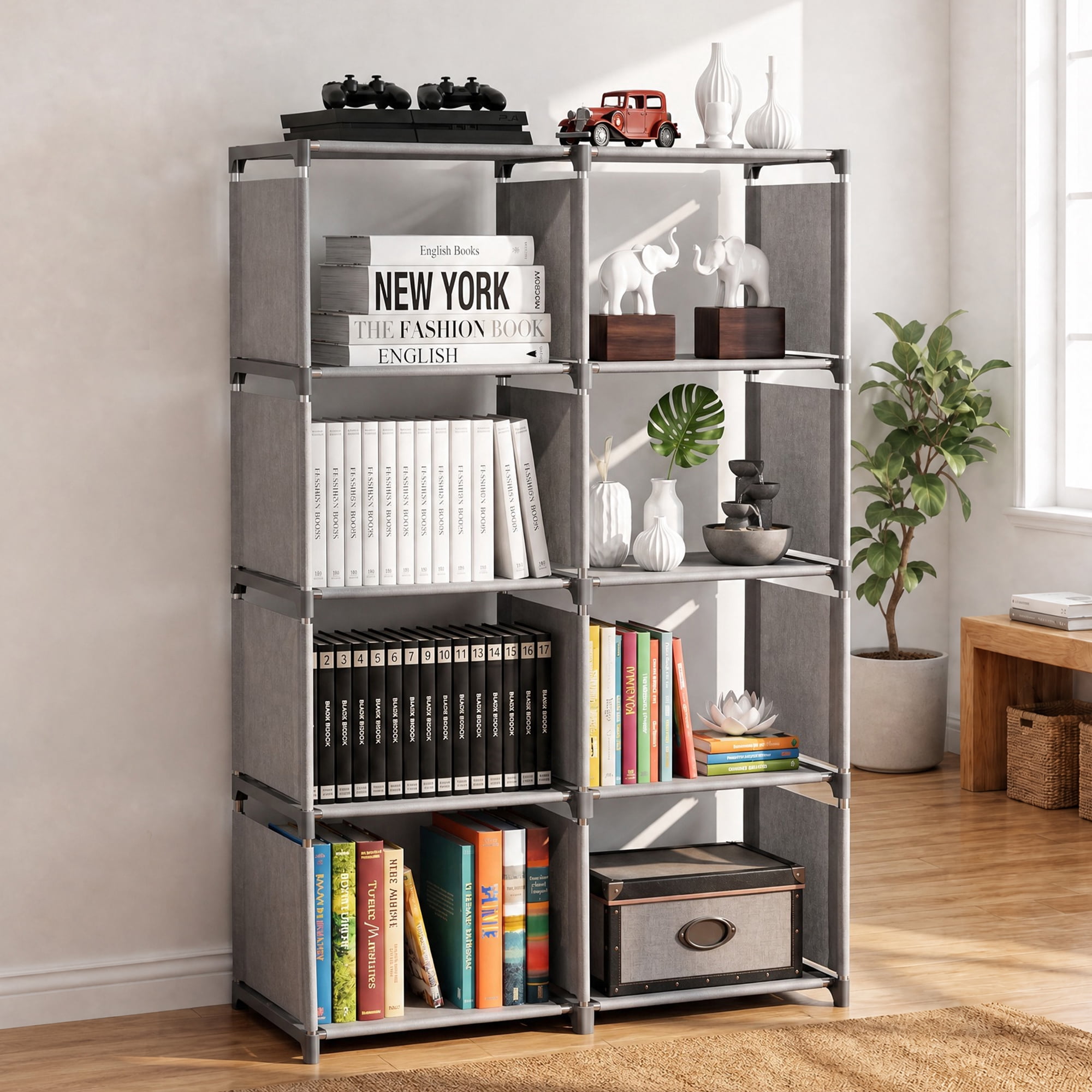 HONEIER Bookshelf, 8-Cube Storage Organizer, 5-Tier Open Bookcase for Bedroom Living Room Office, Gray
