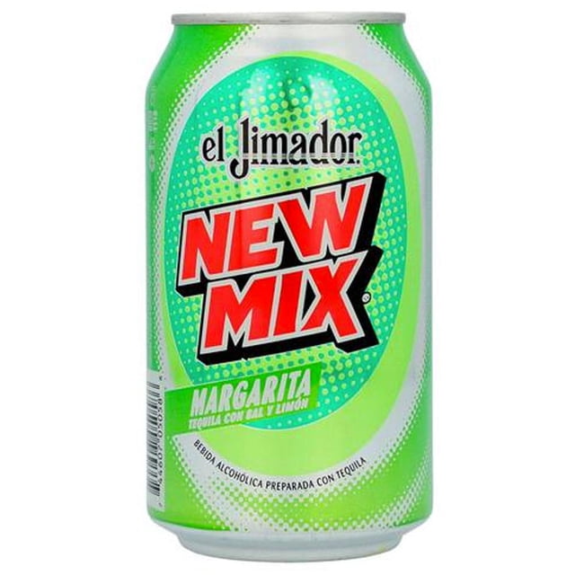 pack de 12 tequila new mix jimador margarita lata 350 ml Imagen frontal de una lata New Mix Jimador Margarita 350 ml sobre fondo blanco; lata verde con logo rojo NEW MIX, marca el Jimador arriba y texto "Margarita — tequila con sal y limón" en el frente. Presentación de 12 latas (el empaque puede variar); venta solo a mayores de edad. Apta para servir en reuniones y cocteles listos para servir.