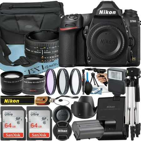 Nikon D780 DSLR Camera with AF NIKKOR 50mm f/1.8D Lens + SanDisk 64GB Card + Case + Wideangle + Tripod + ZeeTech Accessory Bundle