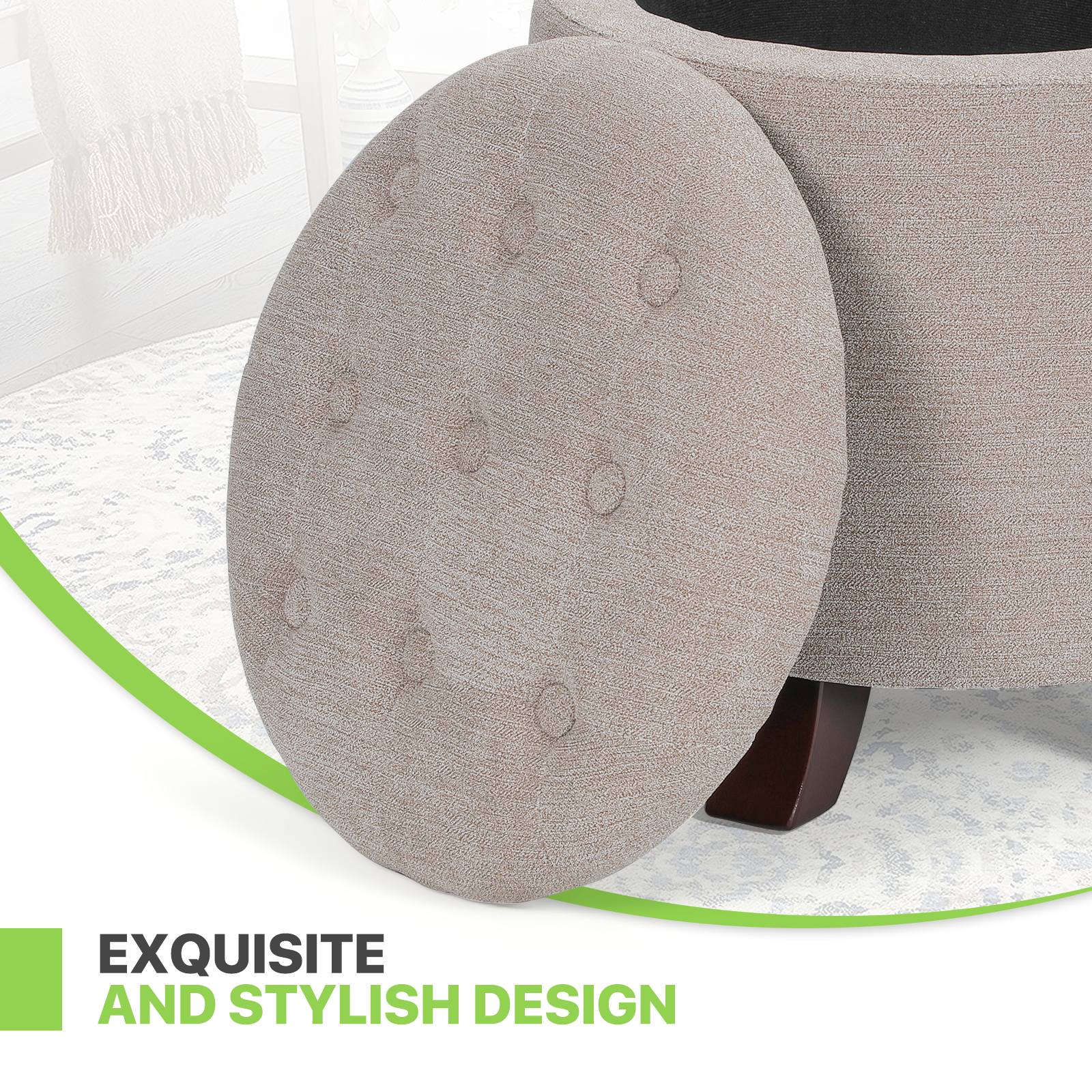 Magshion Storage Ottoman with Padded Seat, Modern Cotton-linen Footrest, Round Seat stool for Living Room Bedroom , Beige