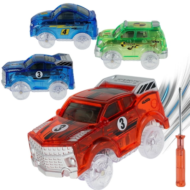 MesaSe 4Pcs Kids Toy Car with 5 LED Light Glow in The Dark Racing Car Toy Battery Powered Light Up Car Model Toy Compatible with Most Tracks for Toddlers Aged 3+