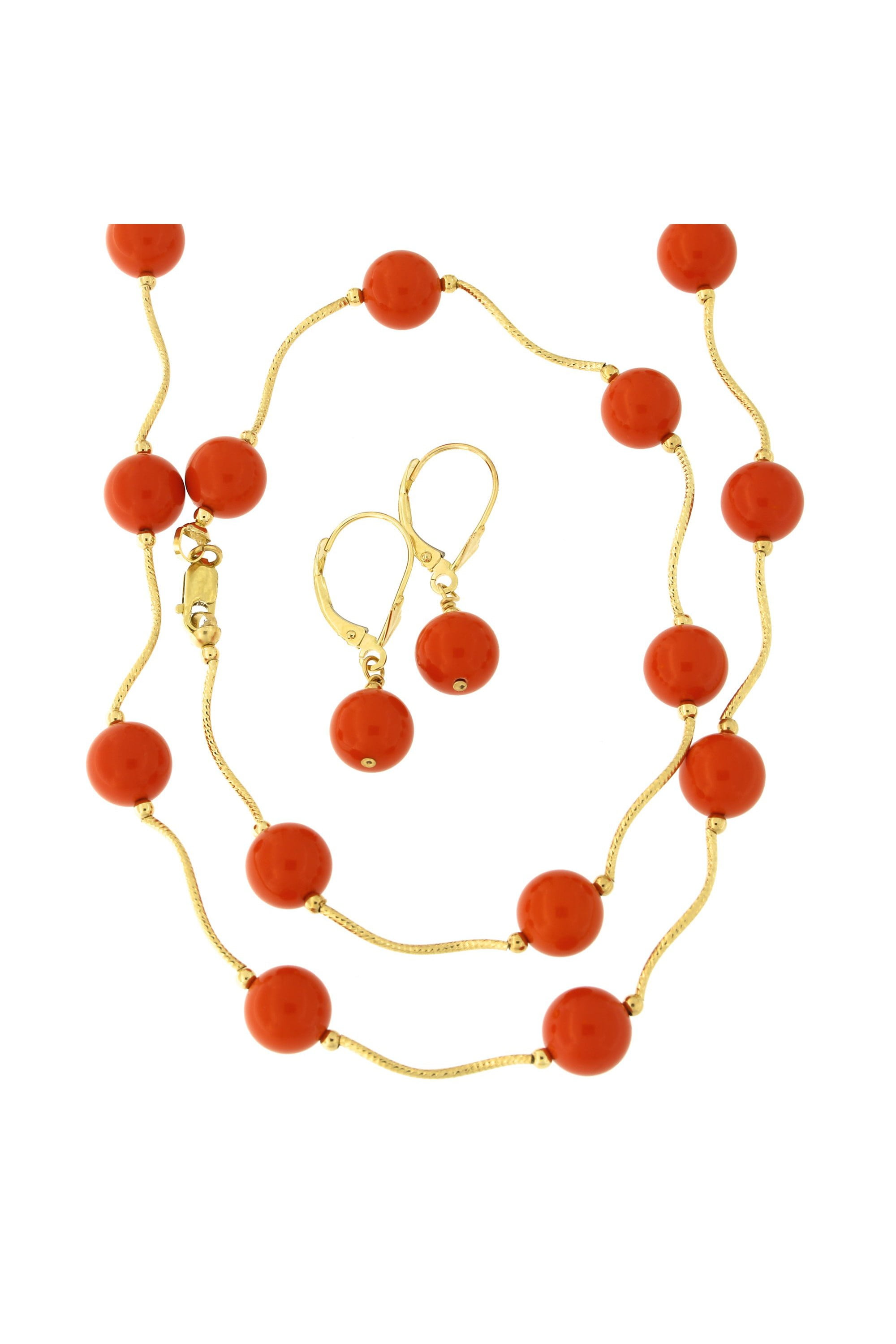 14k Yellow Gold Diamond Cut 8mm Simulated Coral Station Necklace, Earrings and Bracelet Set by