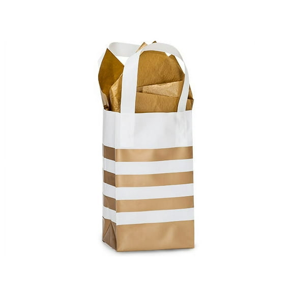 Pack Of 100, Metallic Gold Bold Stripe Plastic Shopping Bags 4 Mil - Rose 5 X 3 X 8" For Christmas, Valentine's Day & Weddings