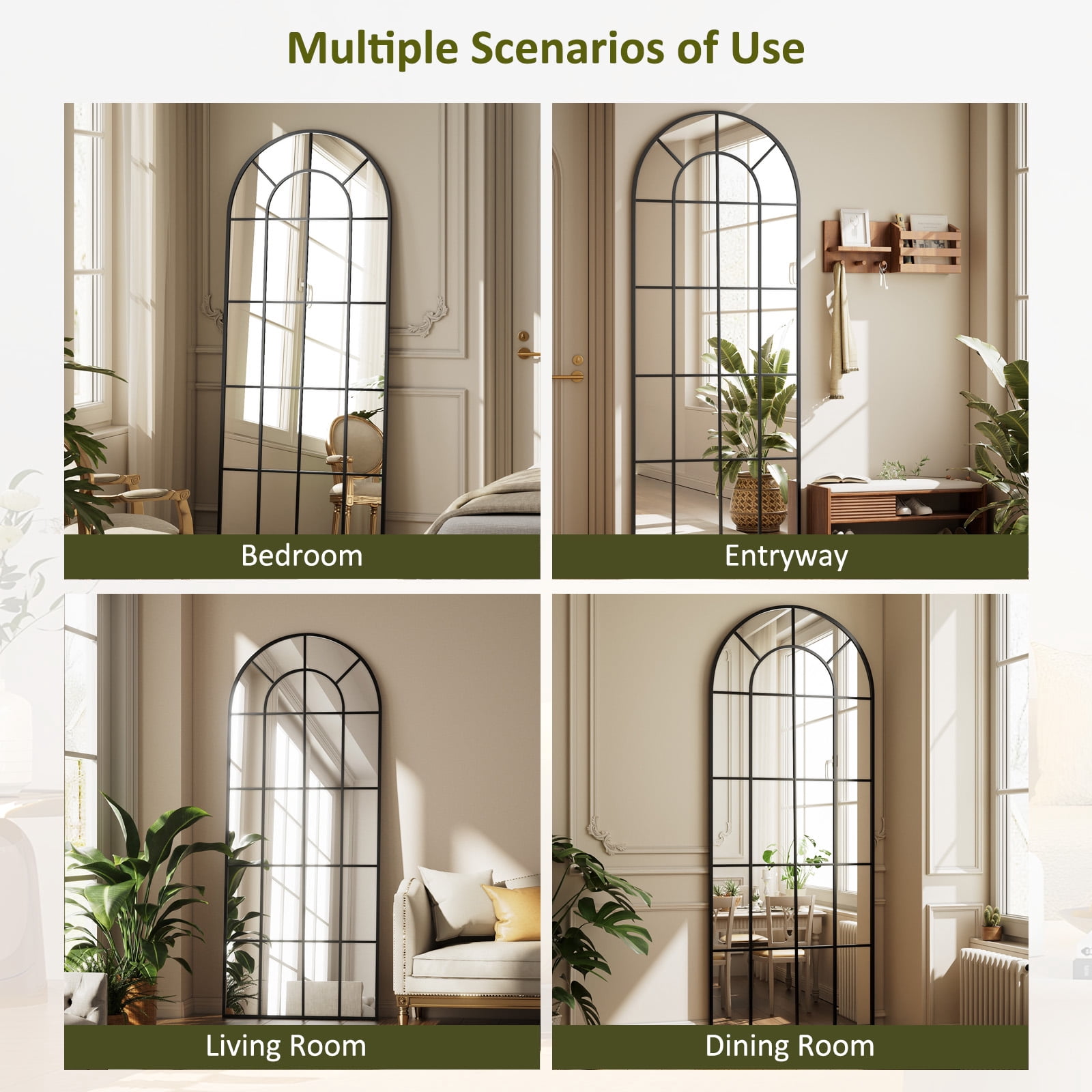 Mirstory 65"x24" Arched Windowpane Floor Mirror Wall-Mounted Full Length Mirror, Black