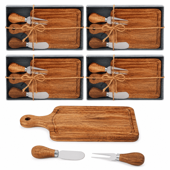 4-Pack Acacia Wood Cheese Board Gift Set with Knives & Forks, Mini Charcuterie Board Favors with Thank You Tags for Bridal Shower, Wedding & Housewarming