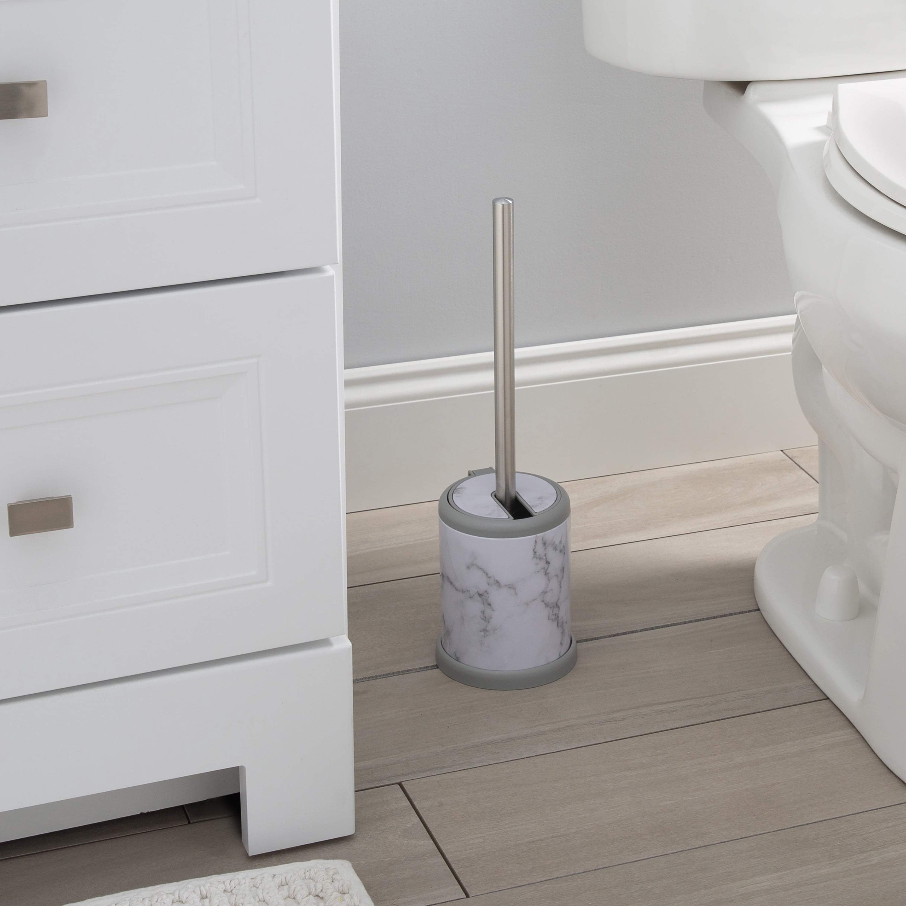 Bath Bliss Self Closing Lid Toilet Brush and Holder 2 Pack Replacement Brushes in Marble