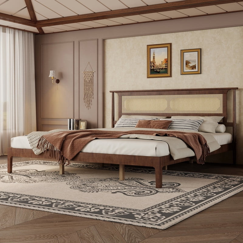 King Size Wooden Platform Bed with Rattan Headboard, Low-Profile Bed Frame with 8.6'' Under-Bed Storage