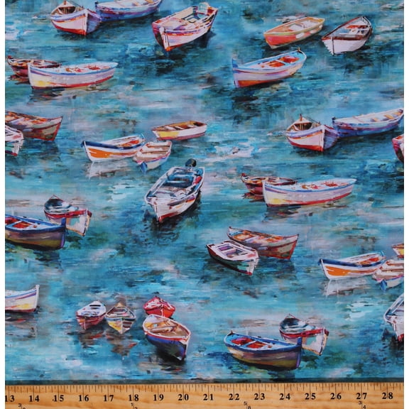 Cotton Mediterranean Escape Boats Row Boats Canoes Water Ocean Sea Blue Cotton Fabric Print by the Yard (U5102-484-SEASIDE)