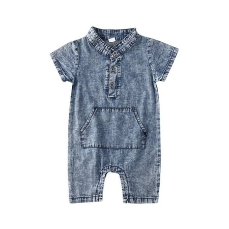 

Canrulo Newborn Baby Boy One Piece Romper Short Sleeve Denim Pocket Jumpsuit Button Bodysuit Overalls Blue 9-12 Months