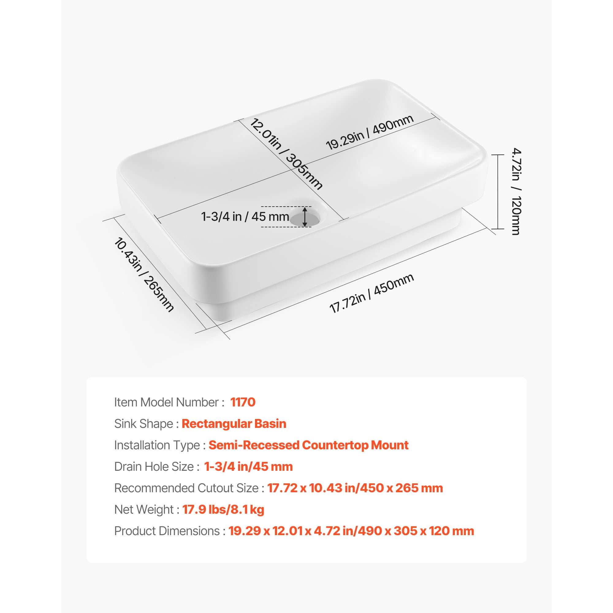 KFFKFF Rectangular Semi-Recessed Bathroom Sink, 19.29 x 12.01 Inch White Ceramic Basin with 1-3/4 Inch Drain Hole, Drop-In Modern Vanity Wash Bowl for Compact Spaces