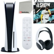 Angle View: Sony Playstation 5 Disc Version (Sony PS5 Disc) with Headset, Media Remote, MLB The Show 21 and Microfiber Cleaning Cloth Bundle