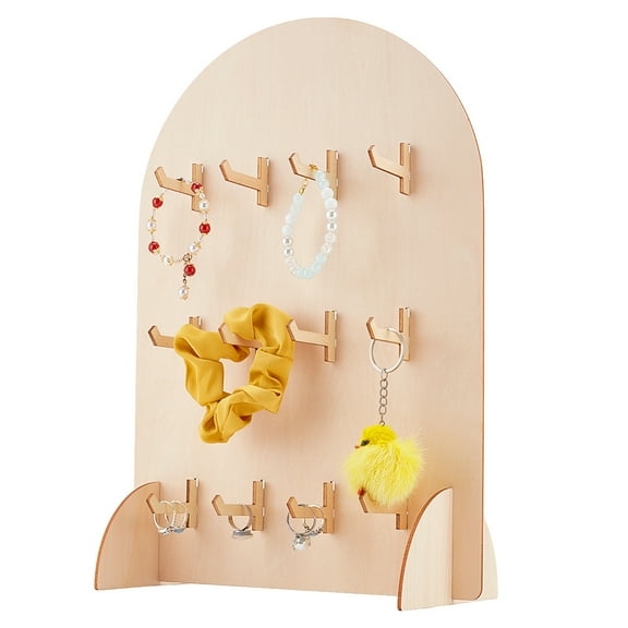 1set Pegboard Display Stand Large Arch Shaped Wood Bracelet Display Stands Tabletop Jewelry Organizer Holder with 12 Hooks for Earring Cards Necklaces Keychains Burlywood 5.9x5.9x15.8inch