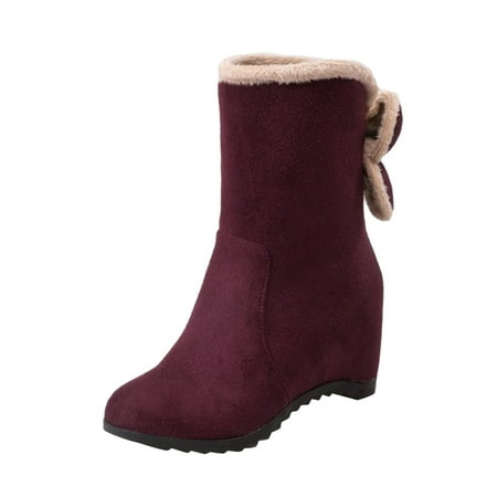 

WANYNG Ladies Fashion Solid Color Suede Bow Short Boots Plus Velvet Warm Wedge Heel Cotton Boots Boots Sequin Womens Short Boots with Buckles