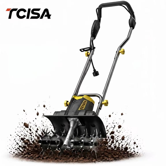 Tcisa Electric Garden Tiller, 16-in Working Width with Mudguards for Gardening Weeding Soil Cultivation, Yellow
